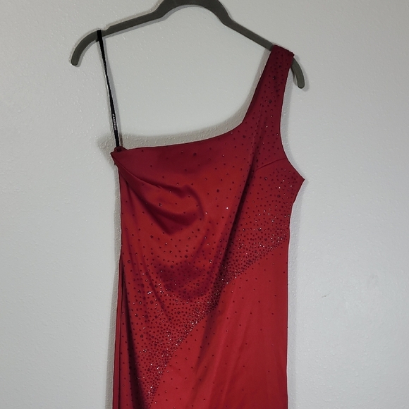 Rampage Y2K Maxi Prom Dress Size 5 Red High Slit One Shoulder Sequin 90s Formal - Picture 3 of 15
